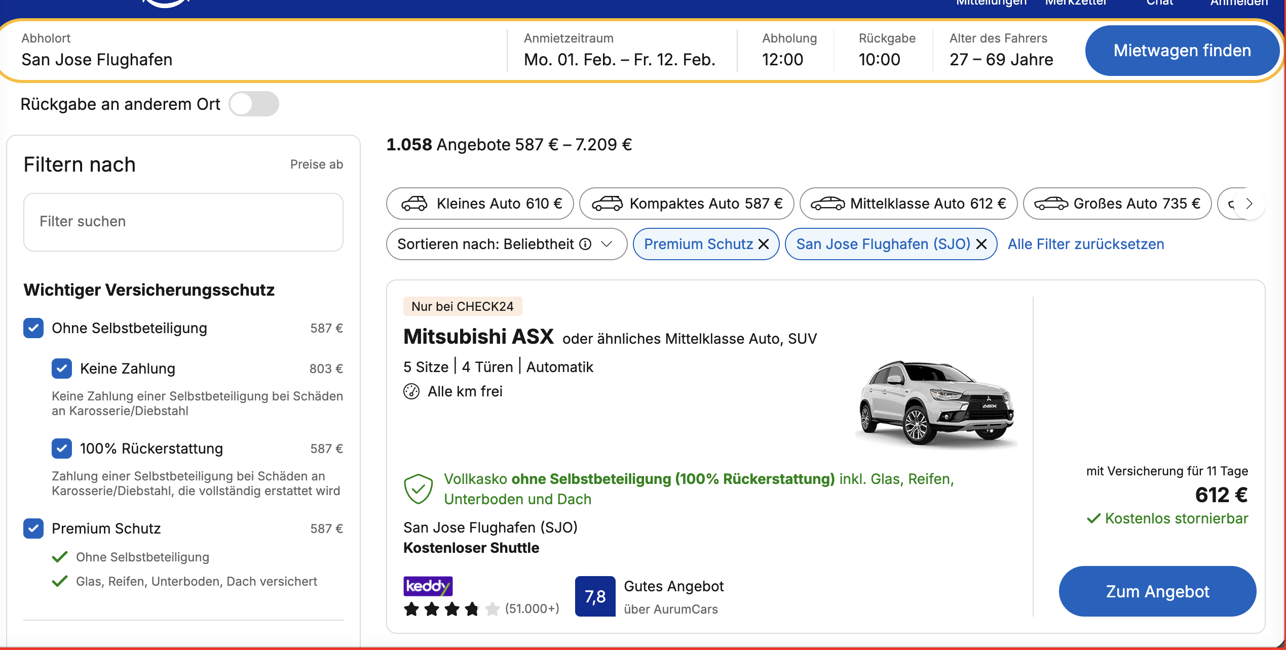 Check24-Screenshot für einen Mietwagen ab San Jose Flughafen vom 1. bis 12. Februar 2027